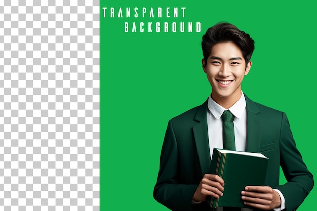 transparent Photo portrait of Asian student holding book on green background