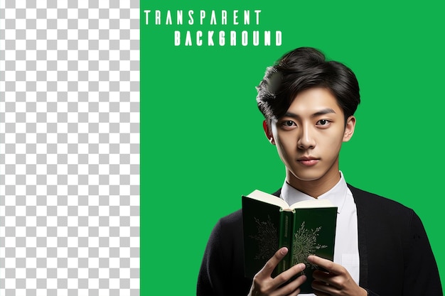 transparent Photo portrait of Asian student holding book on green background