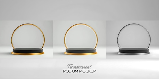 Transparent podiums stand mockup 3d rendered metallic golden pedestal for product showcasing