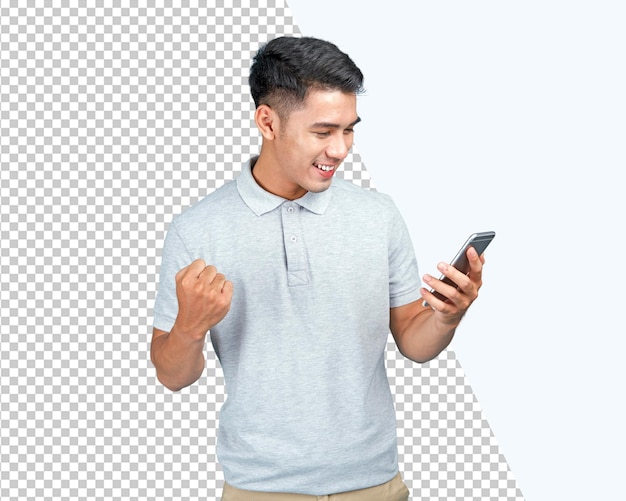 Transparent portrait banner of a young Asian with hand gesture isolated on background