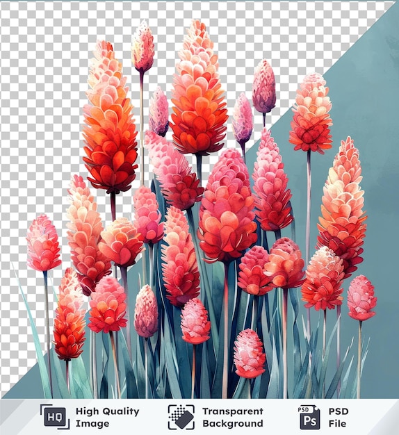 Transparent premium psd picture of beautiful watercolor red hot poker flowers clipart and leaves