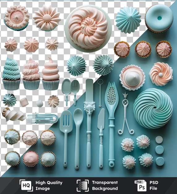 PSD transparent premium psd picture custom cake decorating tools set displayed on a blue wall featuring a variety of cakes and utensils including silver and white spoons forks and a white