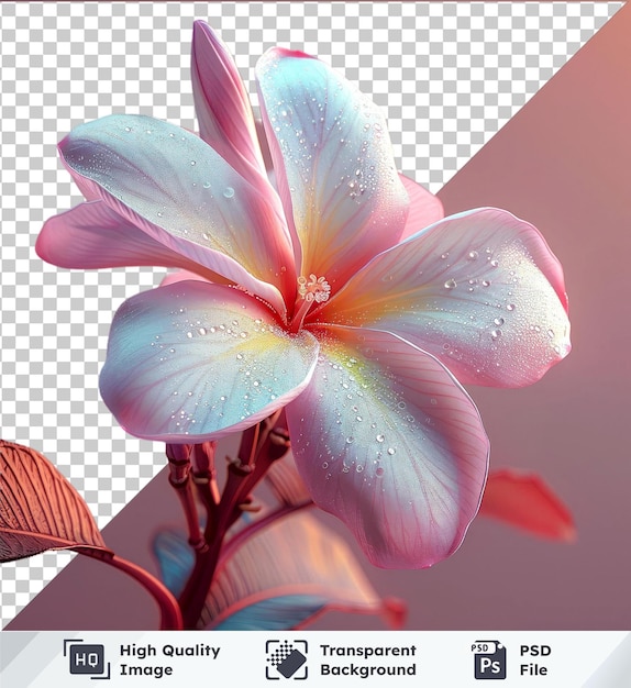 transparent premium psd picture plumeria flower png and jpeg a pink flower with white and pink petals set against a pink sky with a red leaf in the foreground