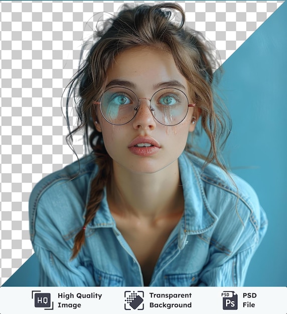 transparent premium psd picture portrait of a girl student in glasses dressed in a fashionable denim shirt worries about something nervous bites her nails waiting for the exam results