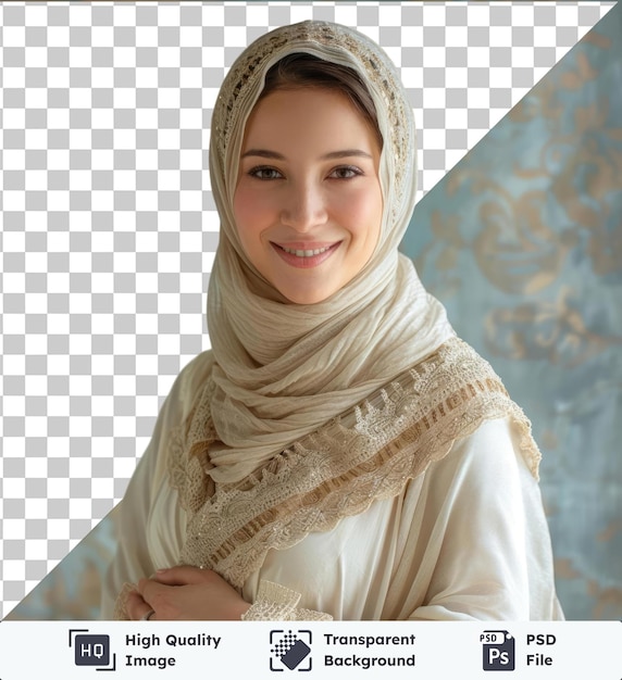 transparent premium psd picture portrait of the young happy smiling pregnant woman wearing a white dress and scarf with a silver ring on her hand standing in front of a wall her brown eyes and