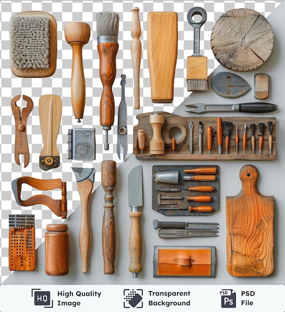 transparent premium psd picture professional woodworking tools set displayed on a transparent background featuring a brown and wood handle a silver and gray knife and a brown and wood clock