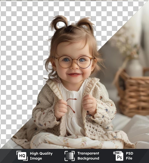 transparent premium psd picture smiling baby girl holding eyeglasses while sitting on bed with a wicker basket and white vase in the background wearing a white sweater and with brown and blond hair