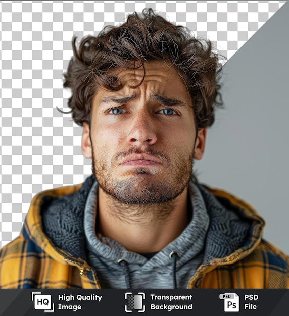 transparent premium psd picture unhappy young man over gray background