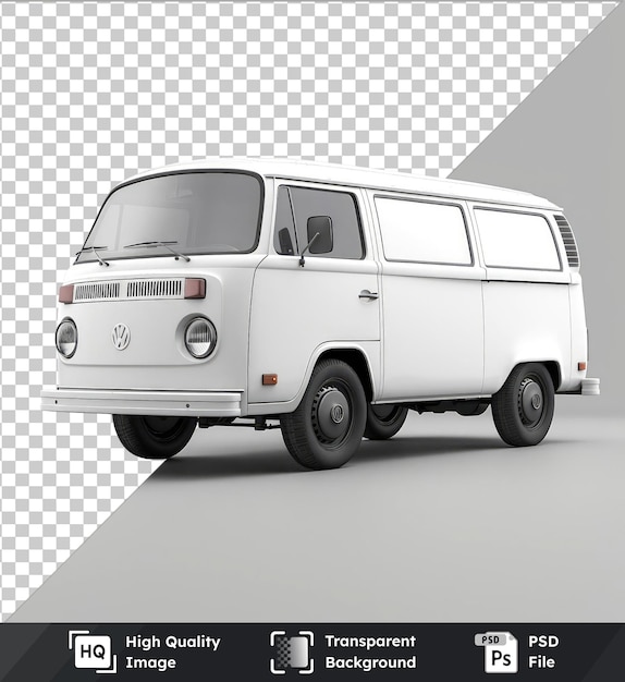 Transparent premium PSD picture of white cargo van mockup with black tires white door and windows