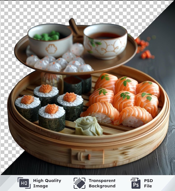 Transparent premium psd picture of yum cha sushi on wooden table with white cup bowl and wooden