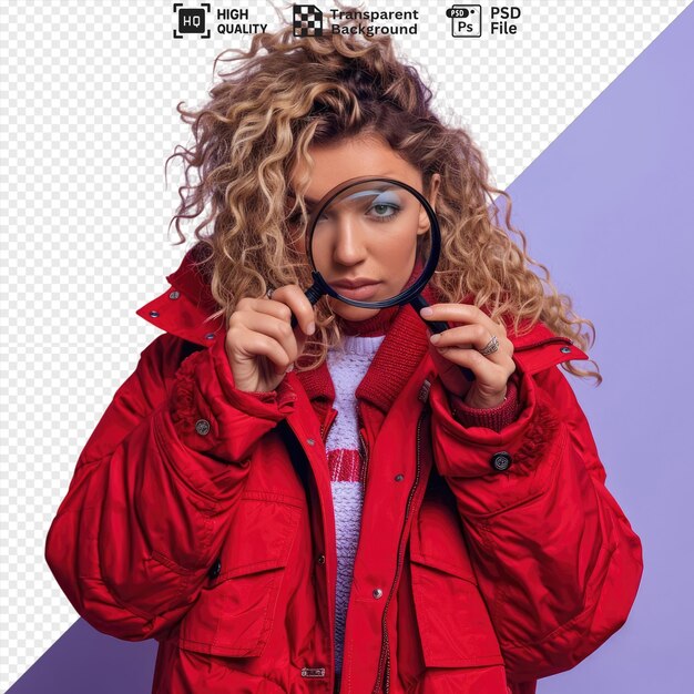 PSD transparent pretty curlyhaired woman in red jacket looking through magnifier with black hand and blue eye visible while her other hand rests on her nose png