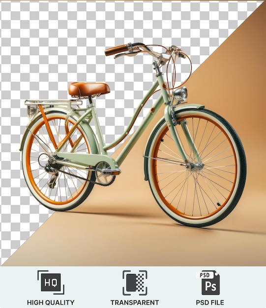 transparent psd a green bike with a brown seat and silver metal chain featuring a black wheel and shadow