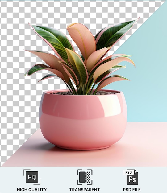 transparent psd a green plant in a pink pot sits on a white and pink table against a blue wall casting a dark shadow