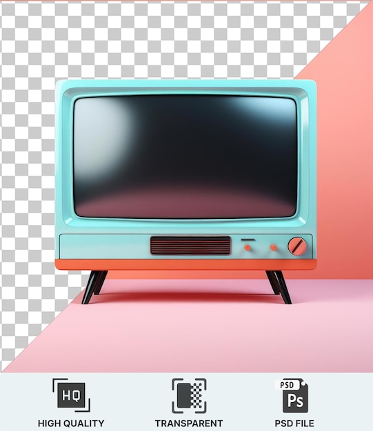 transparent psd an old television with a black screen sits on a pink table against a pink wall with a metal and black leg visible in the foreground and a black shadow cast