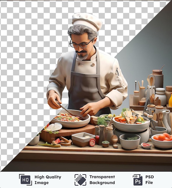 transparent psd picture 3d chef cooking a gourmet meal in front of a gray and white wall wearing a white hat and black glasses with a white bowl and silver spoon on the