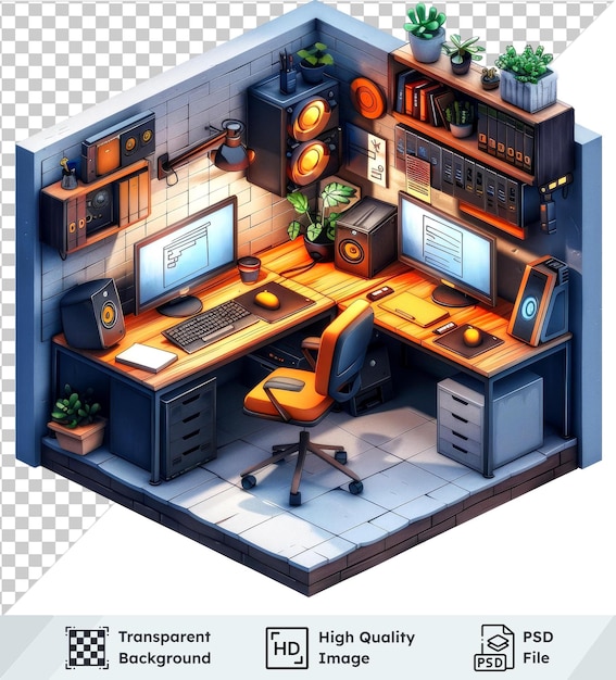 transparent psd picture 3d isometric room with computer isolated on a transparent background