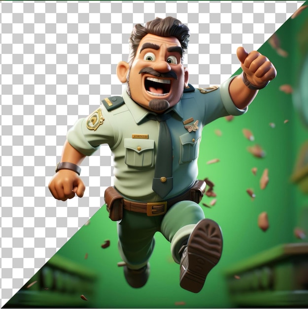 Transparent PSD picture 3D police officer cartoon chasing a thief