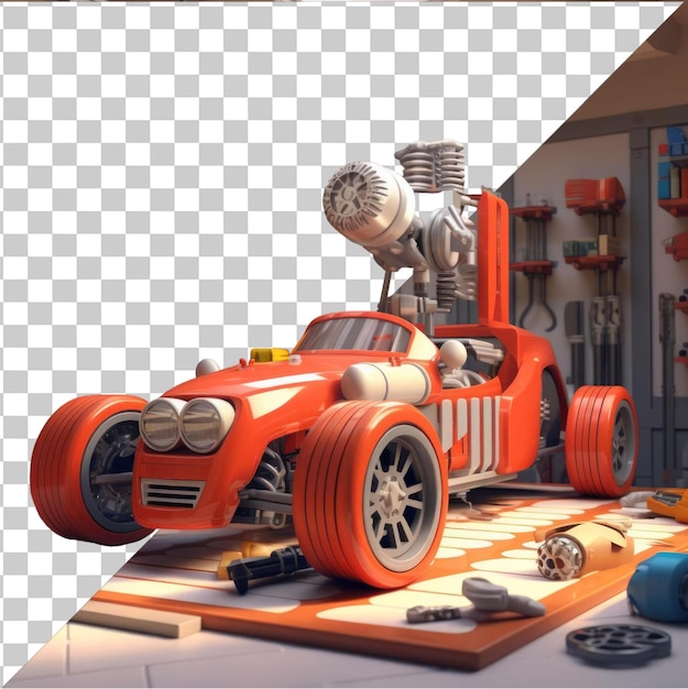 Transparent PSD picture 3D race car mechanic cartoon finetuning a highperformance car