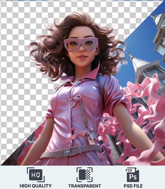 Transparent PSD picture 3D superheroine cartoon soaring through the city skyline