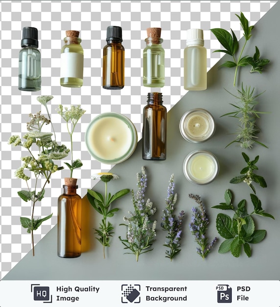 transparent psd picture aromatherapy and essential oils set displayed on a white wall accompanied by a yellow and white flower a brown bottle a glass bottle and a green leaf