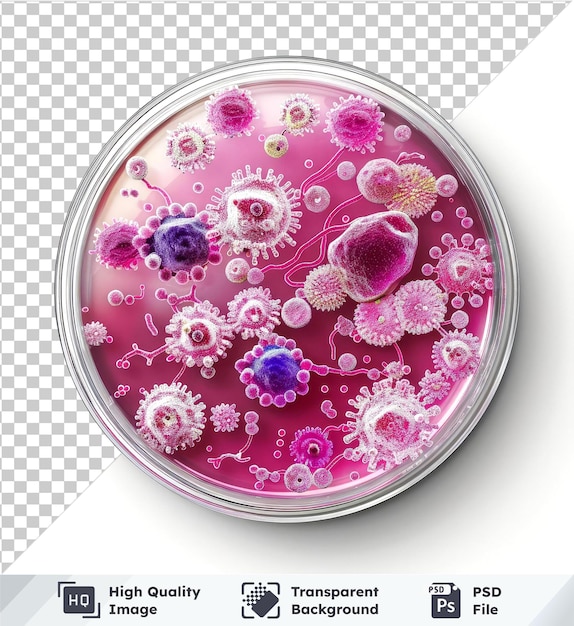 Transparent PSD picture of Bacillus bacteria culture in petri dish surrounded by colorful flowers