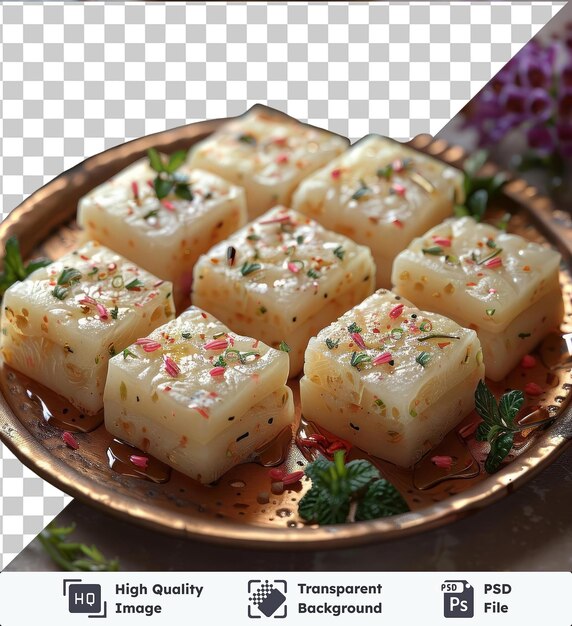 transparent psd picture barfi with white cheese and purple flower on a brown plate placed on a brown table with a brown bowl in the background