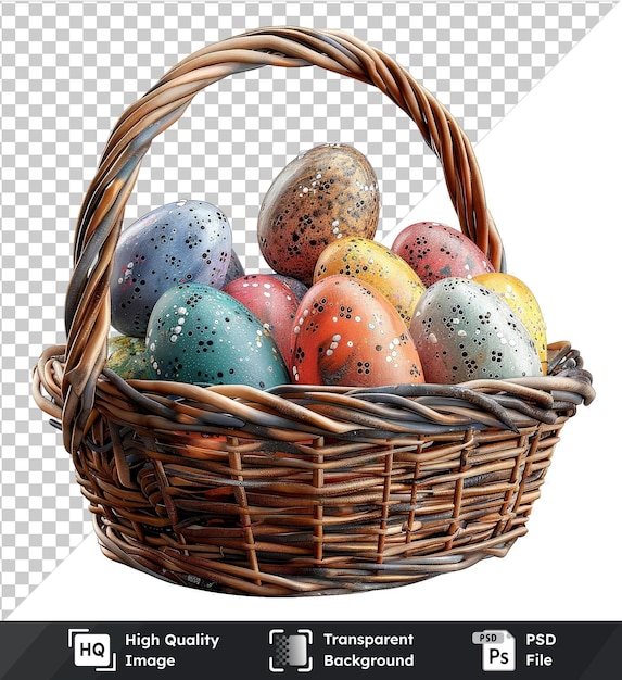 transparent psd picture basket with easter eggs isolated on a transparent background