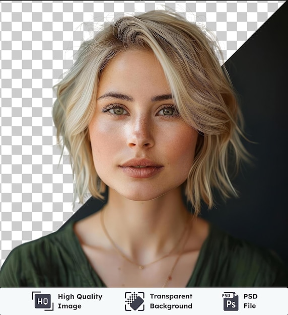 transparent psd picture beautiful young woman portrait with blonde short highlights hair portrait pretty female over gray wall studio shot with a dark background