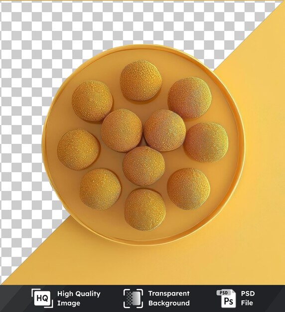 transparent psd picture besan ladoos on a yellow plate