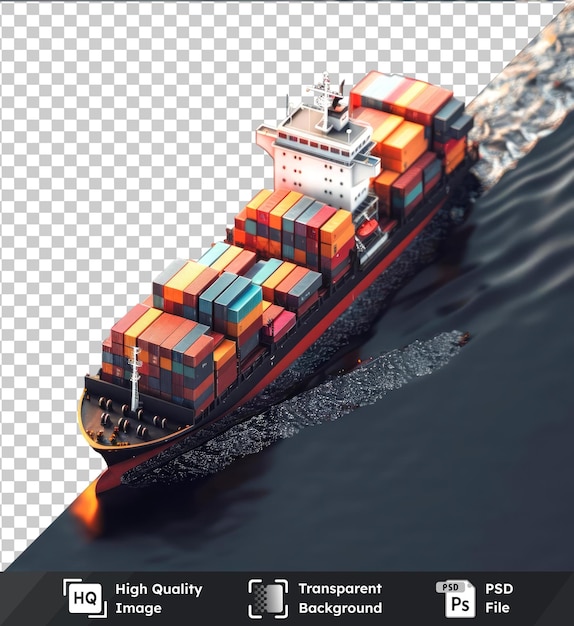 Transparent psd picture of a big transport ship loaded with containers at sea