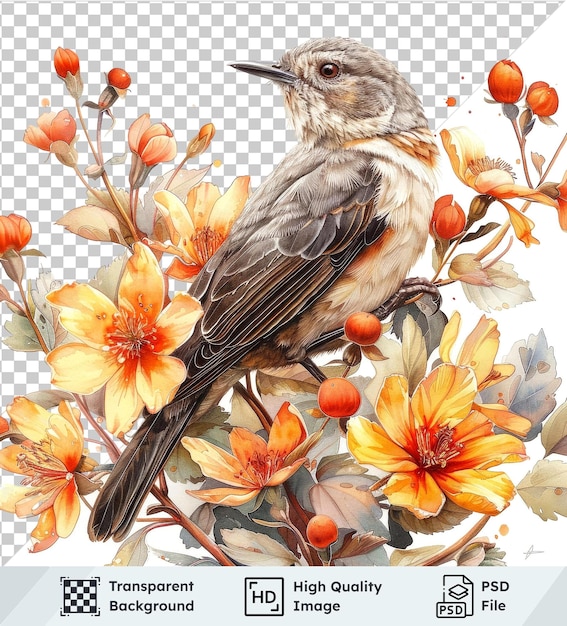 PSD transparent psd picture of a bird on orange flowers against white sky