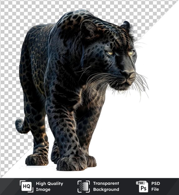 PSD transparent psd picture of black leopard with distinctive features like black nose yellow eye long