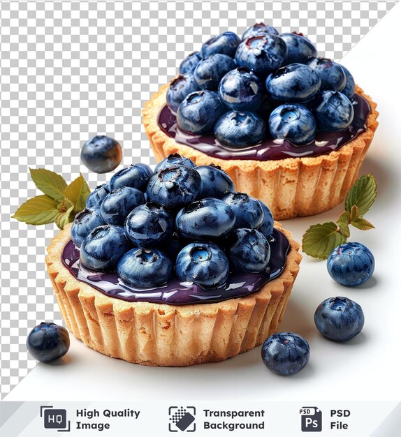 PSD transparent psd picture of blueberry tarts cheesecakes and a green leaf on isolated background