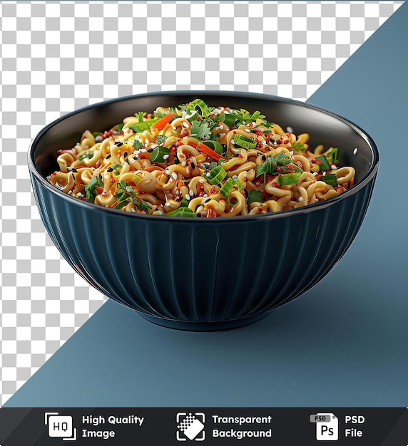 transparent psd picture bowl of spicy noodles and vegetables on a blue table