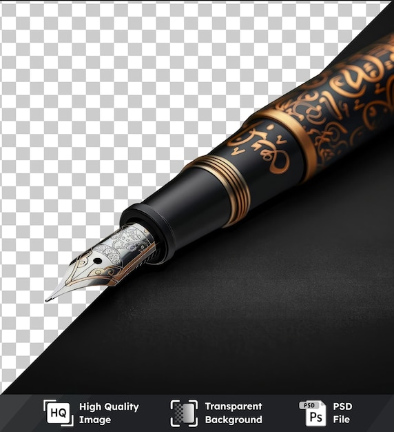 transparent psd picture calligraphy pen set for ramadan featuring a black pen and a gold design with a black eye in the background