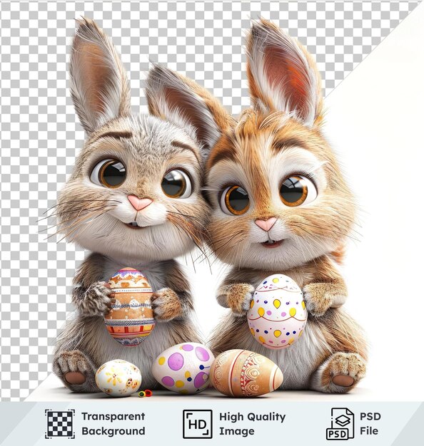 PSD transparent psd picture of cartoon bunnies with easter eggs set