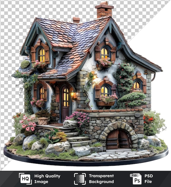 PSD transparent psd picture of charming cottage miniatures with gardens brown roof wood door arched