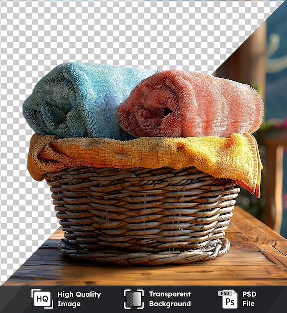 Transparent PSD picture of clean towels and a wooden table with folded and blue towel