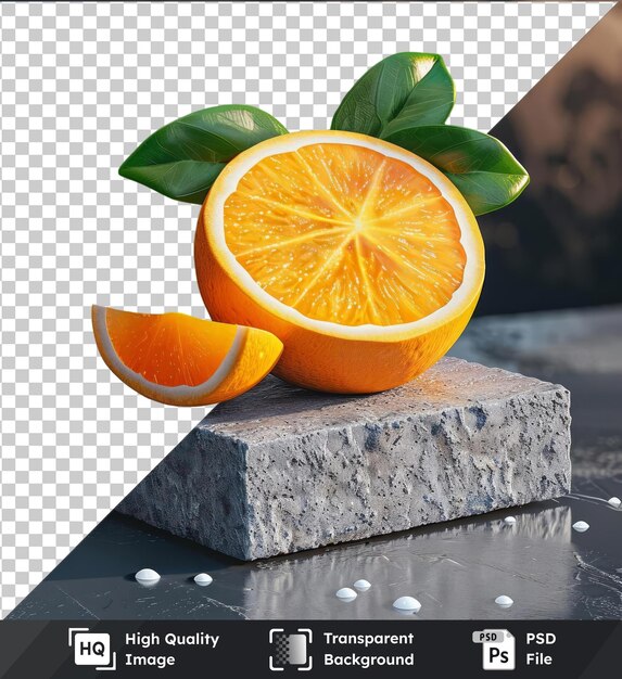 PSD transparent psd picture close up orange fruit mockup on a stone block