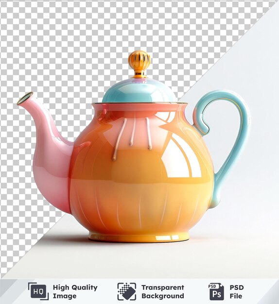 Transparent PSD picture of colorful teapot isolated on transparent background with blue handle