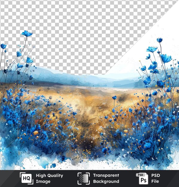 PSD transparent psd picture colorful watercolor painting of a field in blue and yellow