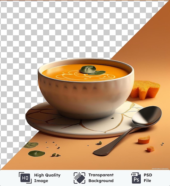 transparent psd picture creamy butternut squash soup served in a white bowl with a silver spoon garnished with a green leaf