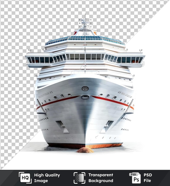 Transparent psd picture of cruise ship isolated on white sky red stripe foreground