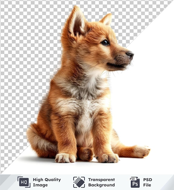 Transparent psd picture of cute baby dingo with brown head ears eye nose legs and paws