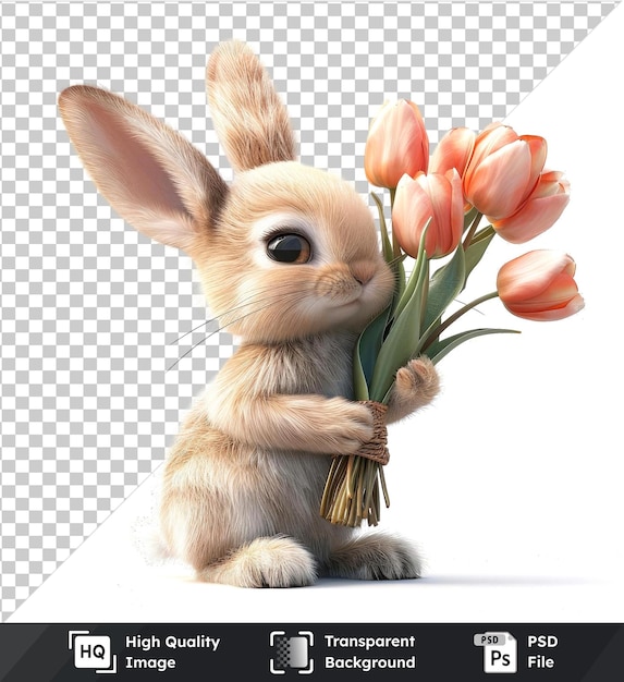 transparent psd picture cute cartoon bunny with a bouquet of tulips on a isolated background