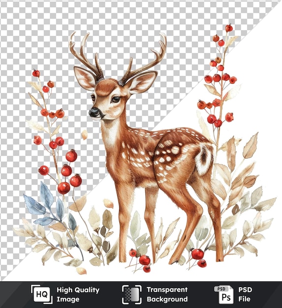 Transparent PSD picture of a cute little deer with berries