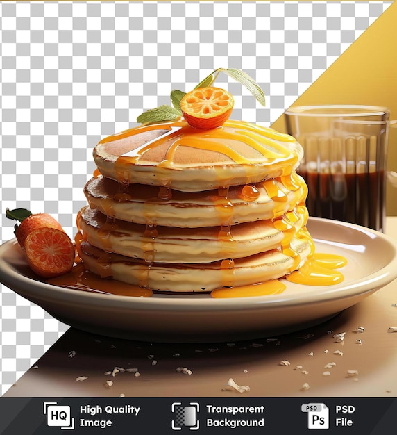 transparent psd picture delicious pancakes topped with sliced oranges and served on a white plate accompanied by a clear glass and a green plant against a yellow wall