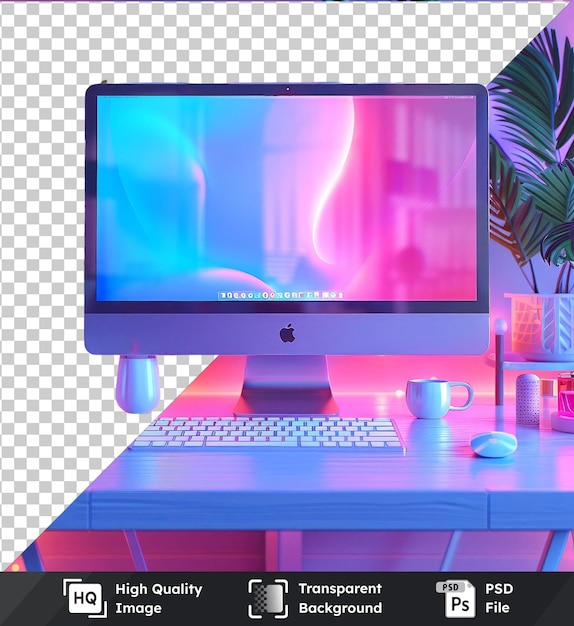 Transparent psd picture of desk with computer hand on keyboard monitor white vase green plant