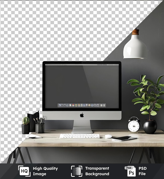 Transparent PSD picture of a desk with computer mockup design clock keyboard plant against a wall