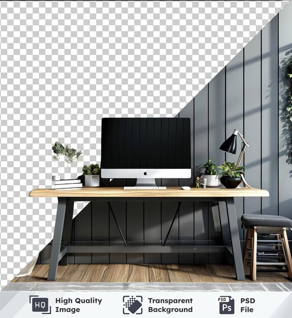 Transparent psd picture of desk with computer mockup greenery potted plants white pot black lamp